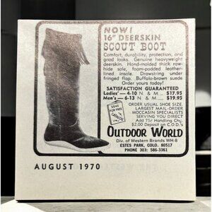 Outdoor World Vintage Print Ad 1970s Deerskin Scout Boot Estes Park Colorado